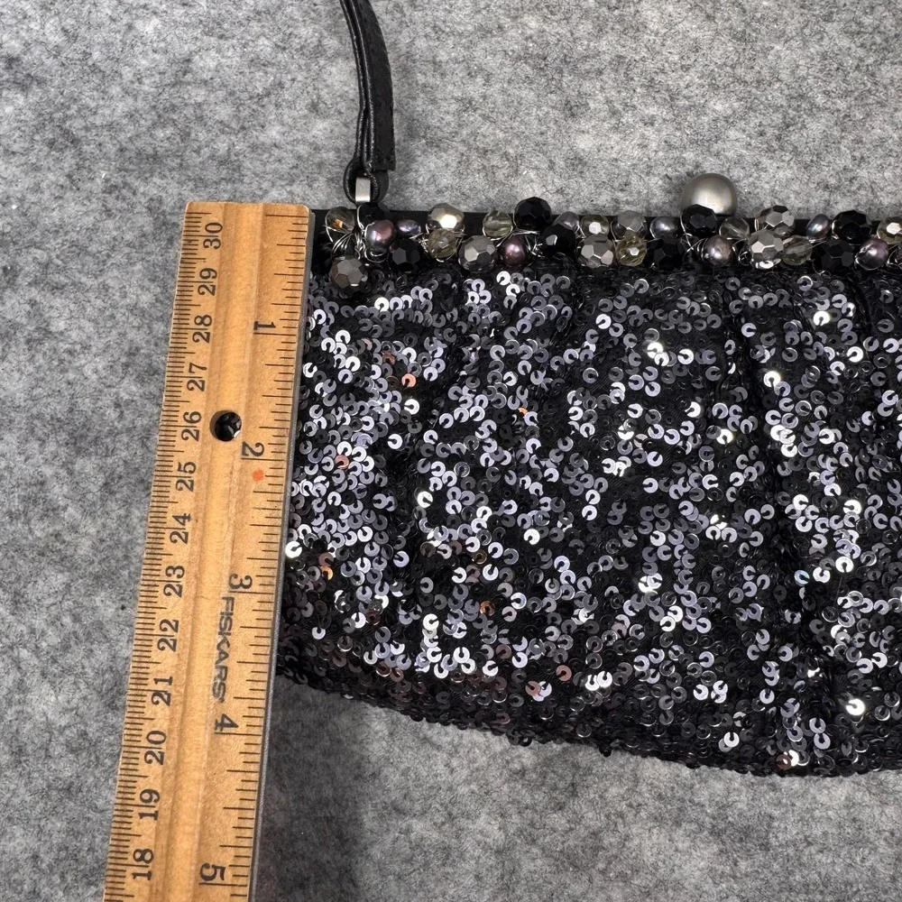 Y2K Sequin Black Clutch Evening Bag Kiss Clasp Special Event Beaded